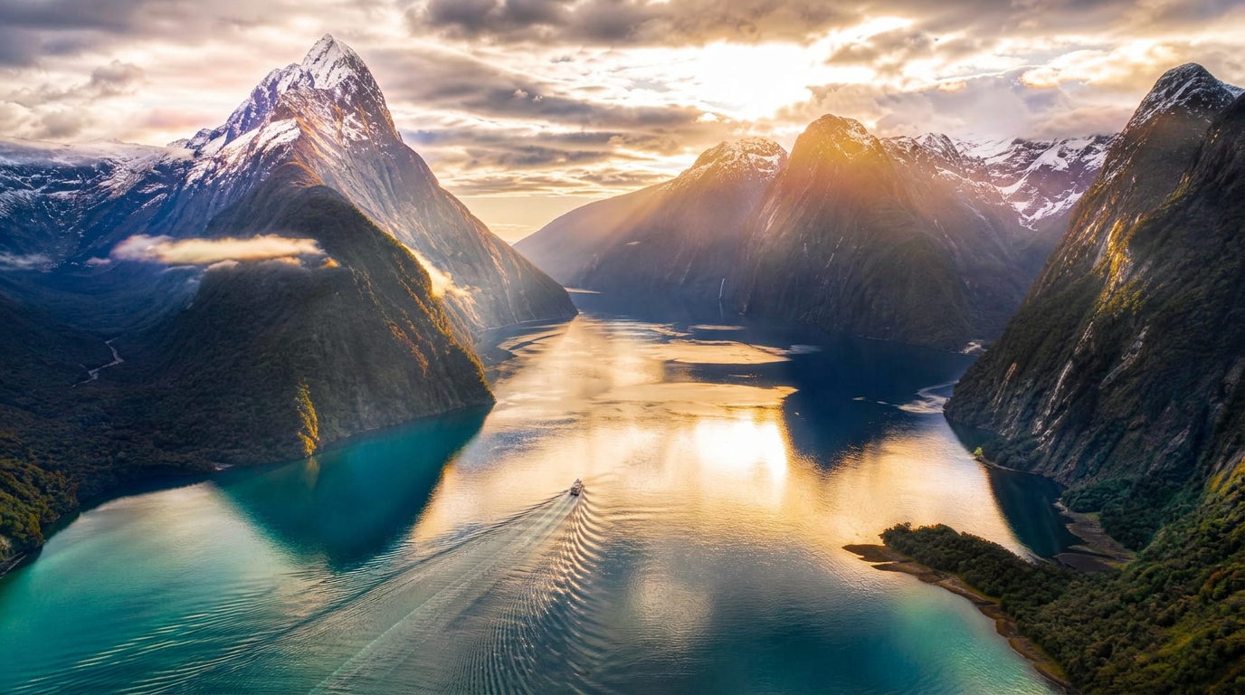 Dramatic Milford Sound fjord in New Zealand with towering peaks and mirror-like water